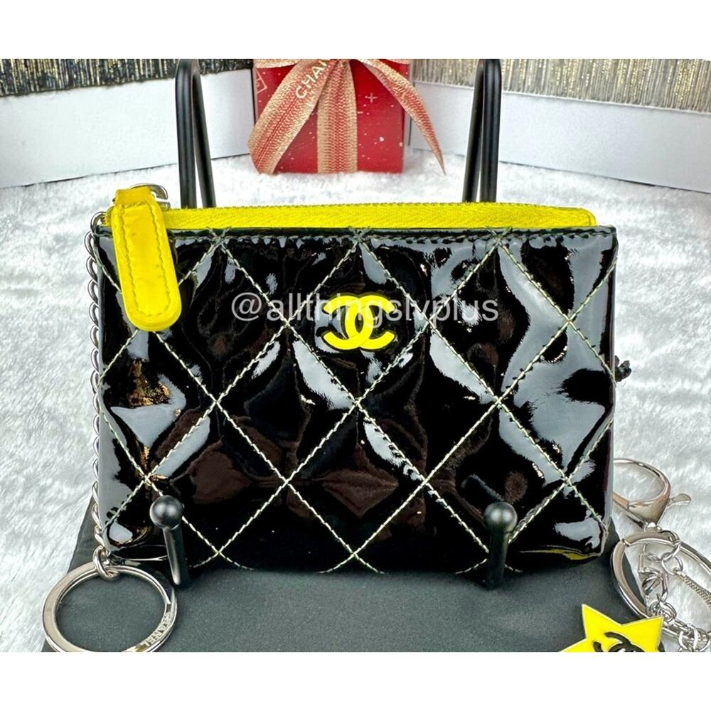 CHANEL Black Patent leather w/ yellow CC card holder COIN keychain CUSTOM cute!